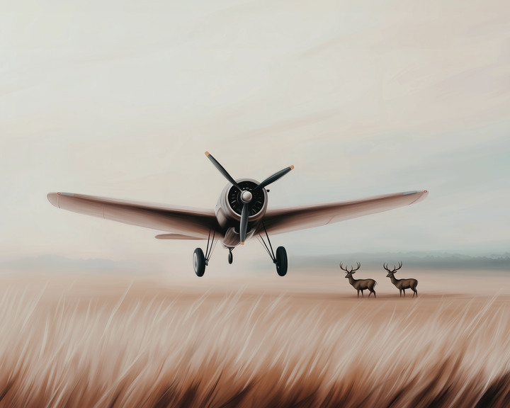 Retro-style airplane flying low above golden grasslands with two deer standing in the distance under a calm sky.
