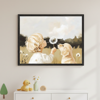 Kid's room with a white dresser. A large black-framed painting hangs above the dresser, depicting a blond child blowing a dandelion toward a golden retriever puppy in a field, in a painterly style.