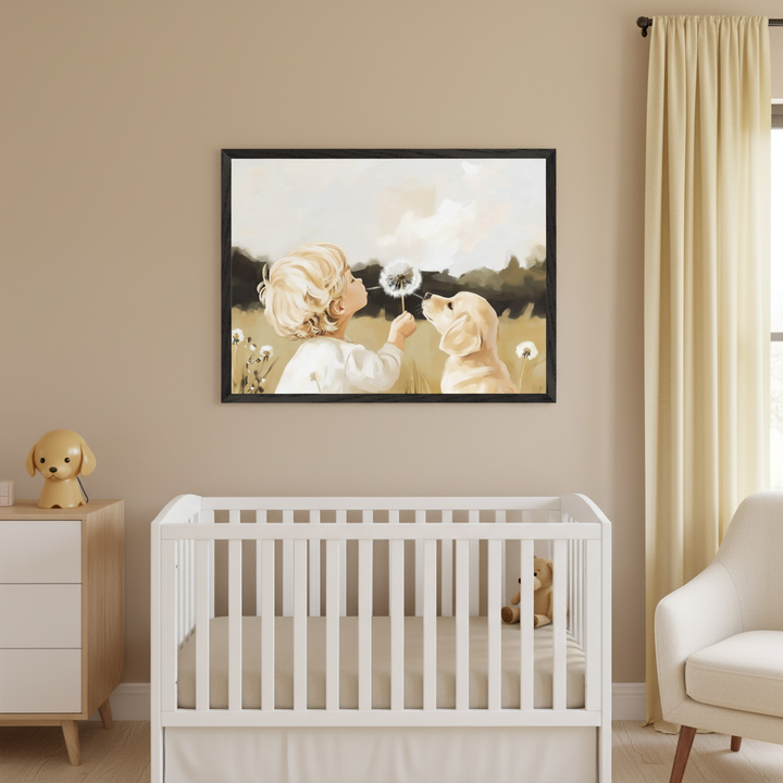 Modern nursery with a white crib, light wood dresser, and white armchair. Above the crib hangs a framed painting of a blonde child blowing a dandelion next to a golden retriever puppy in a field.