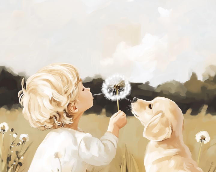 Sweet moment of a young child blowing on a dandelion while a golden retriever puppy watches, set in a sunlit field.
