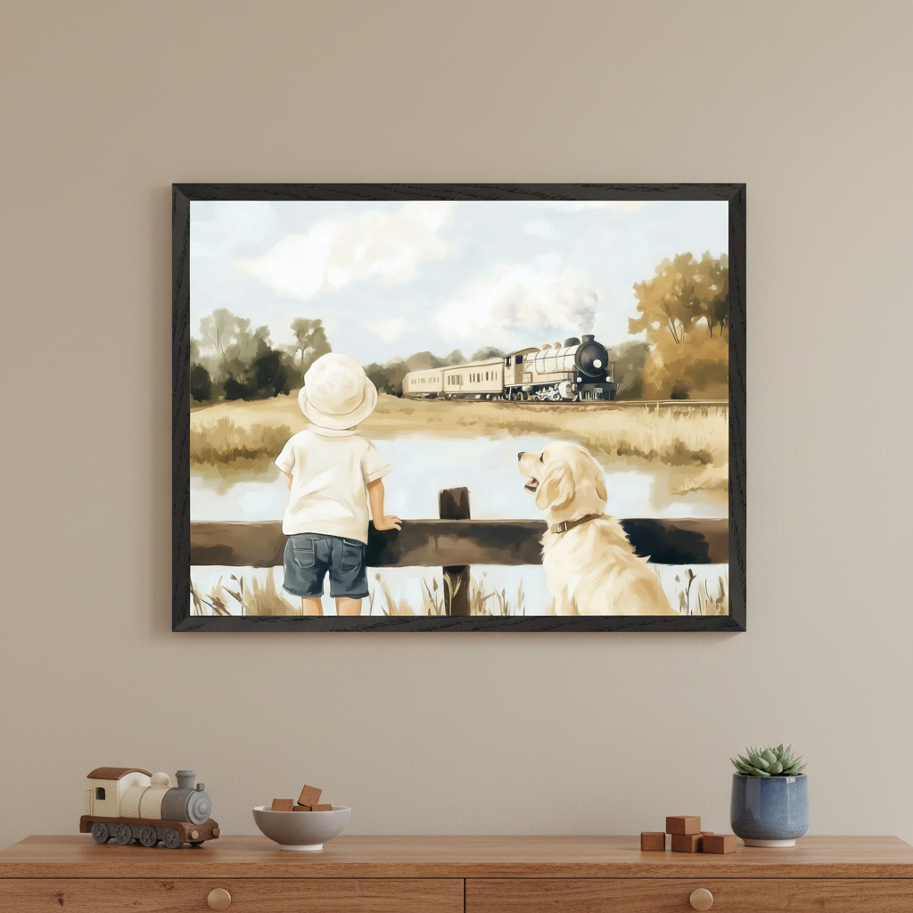 Child-friendly room with a wooden dresser. A framed painterly illustration of a child and a golden retriever watching a steam train by a lake hangs above the dresser.
