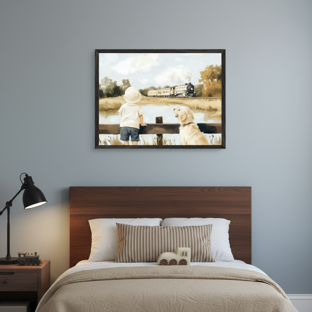 Kid's bedroom with a modern bed and dark wood headboard. A black lamp sits on a bedside table. Above the bed, a large framed painting depicts a child and a golden retriever watching a steam train cross a bridge over water, with trees in the background.