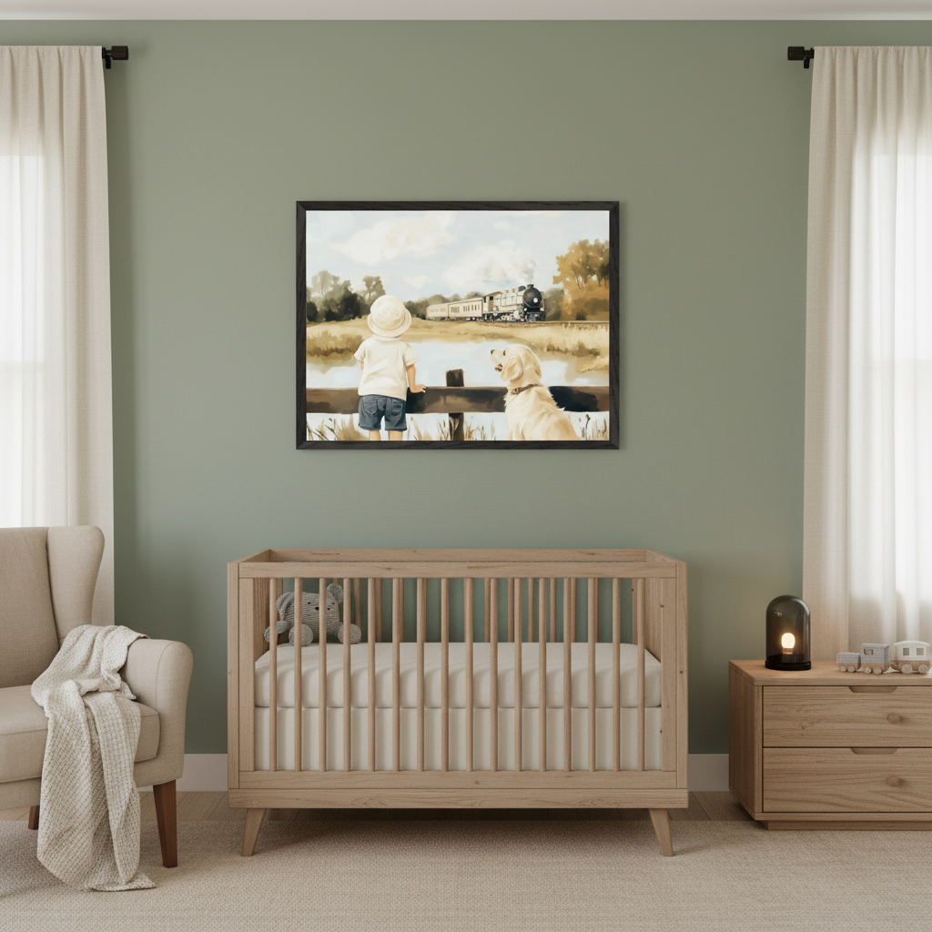 Modern nursery with a natural wood crib, beige armchair, and wood dresser. A large framed painting of a child and a golden retriever dog watching a steam train by a lake hangs on the sage green wall, centered above the crib.