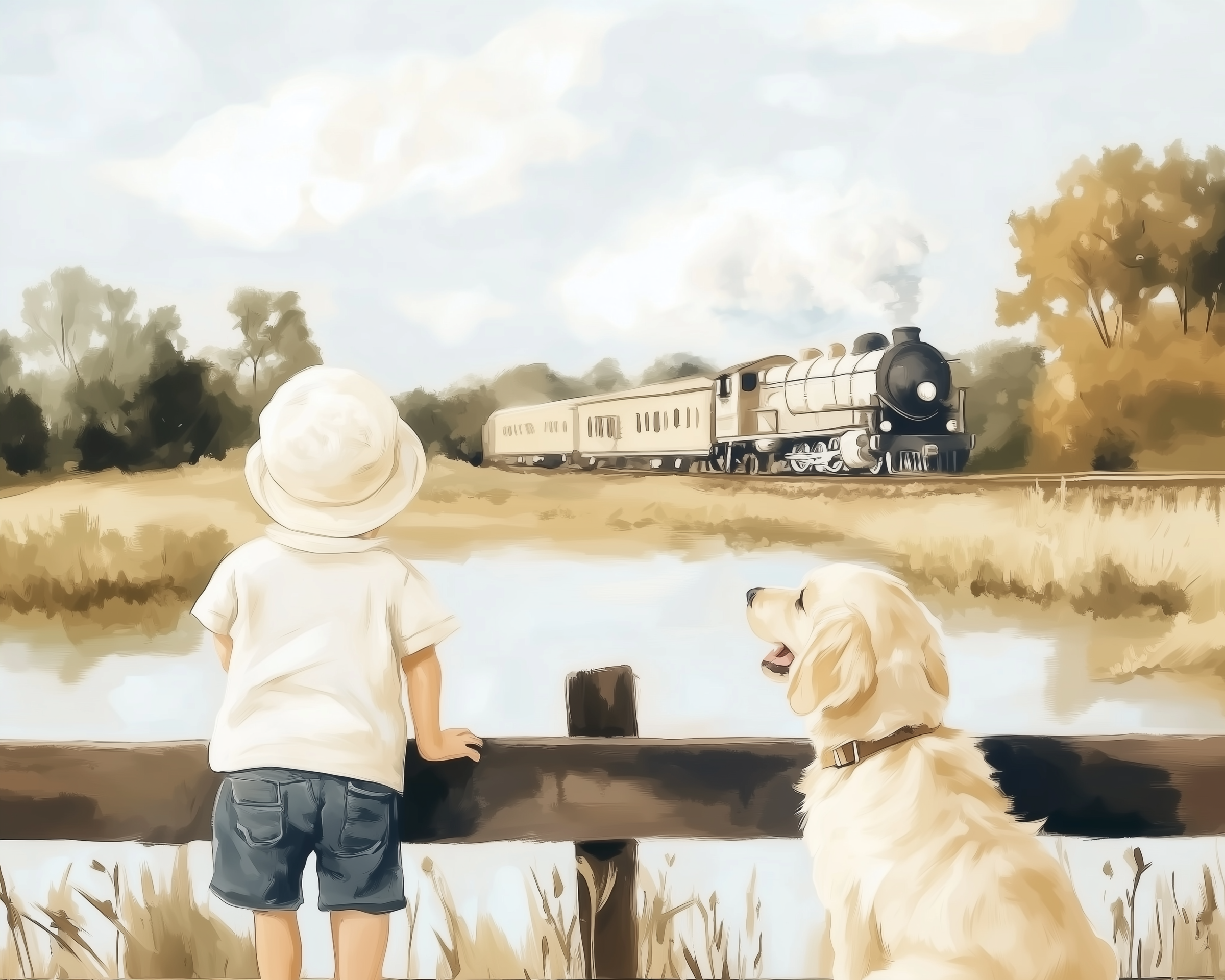  Little boy and his golden retriever gazing at a vintage steam train passing through a golden countryside landscape.
