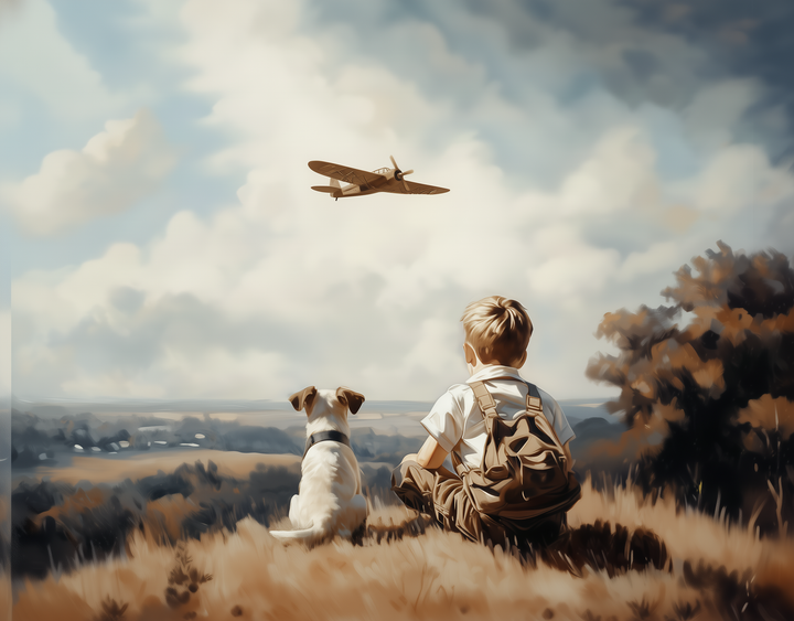 Boy with a backpack sitting beside his dog on a hilltop, watching a vintage airplane soar across a sky full of clouds.
