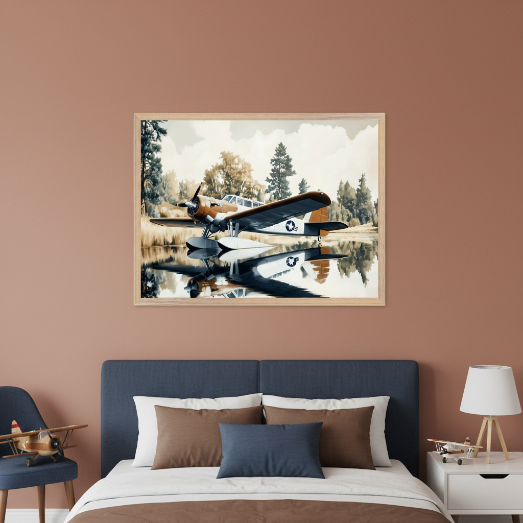 Kid's bedroom with a blue bed. A large framed print of a vintage floatplane on water with a reflection and trees in the background hangs centered above the bed. A chair with a small airplane and a bedside table with a lamp are also visible.