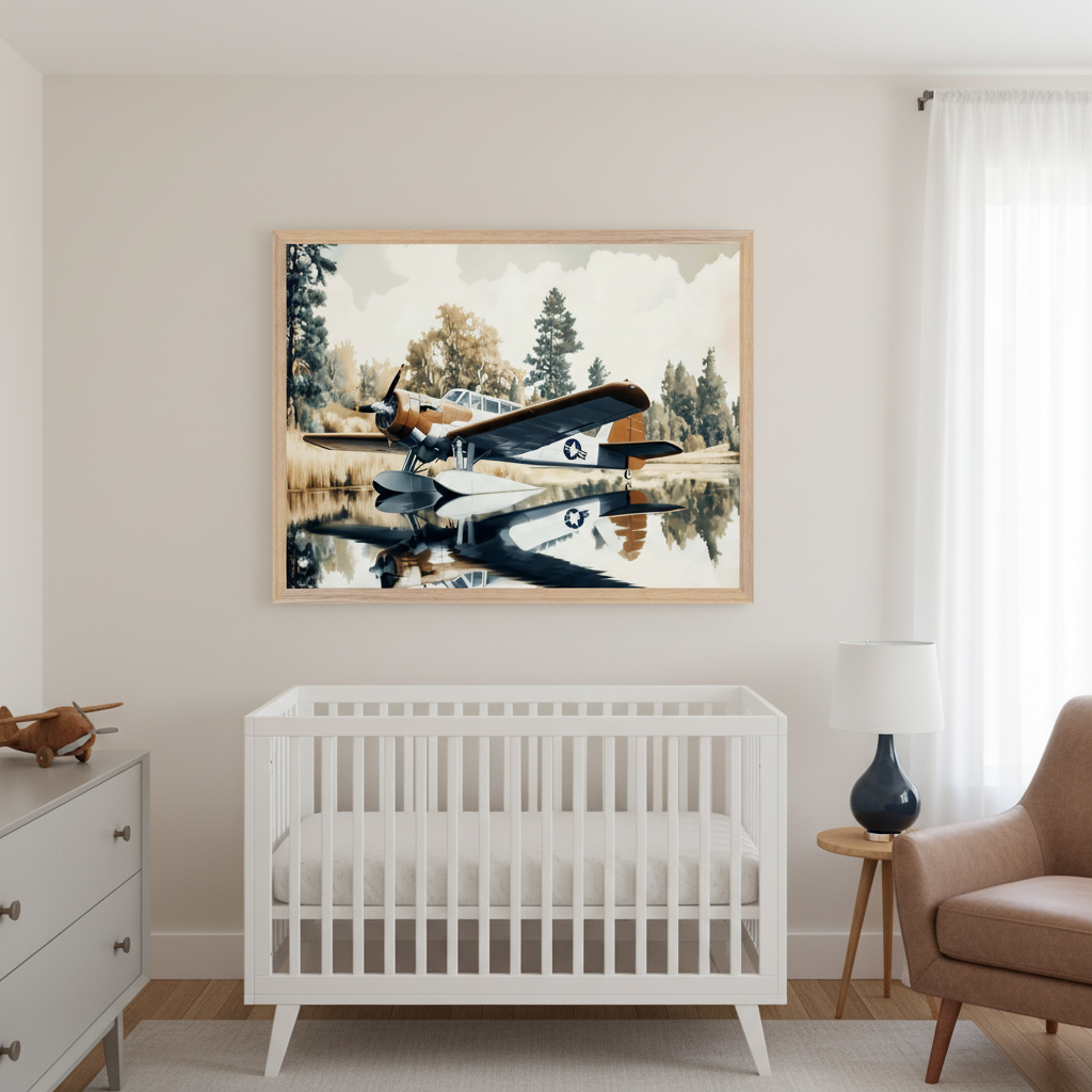 Modern nursery with a white crib and gray dresser. A large framed painterly print of a sepia-toned floatplane with US markings on calm water reflecting trees hangs centered above the crib. A brown armchair and side table are to the right.