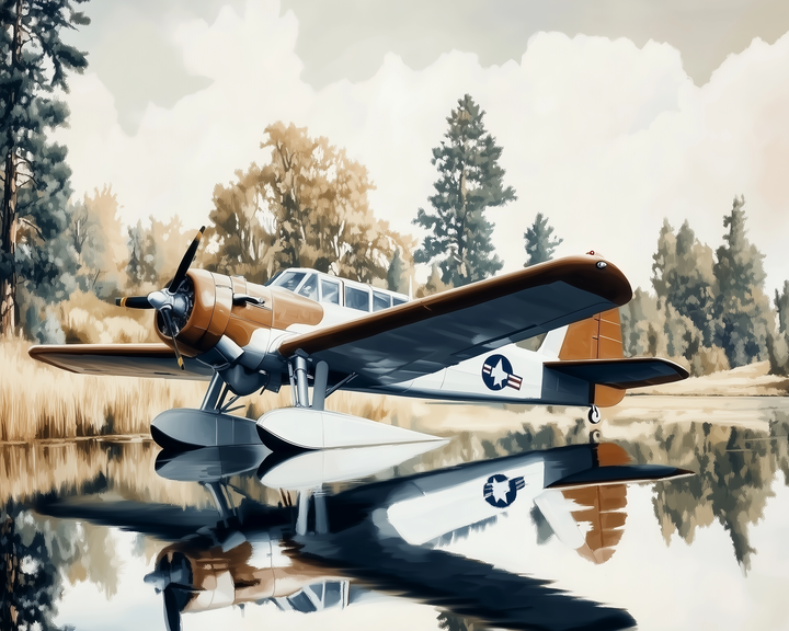 Vintage-style floatplane with a U.S. Air Force insignia resting on a calm lake, reflecting perfectly in the still water, surrounded by autumn-colored trees and a soft, overcast sky.

