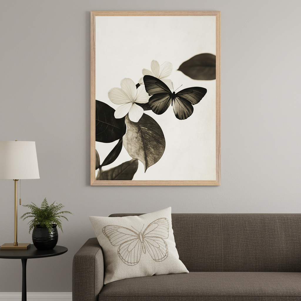 Modern living room with a brown fabric sofa. A large framed sepia-toned print of two flowers and a butterfly hangs above the sofa. A butterfly-embroidered pillow sits on the sofa.