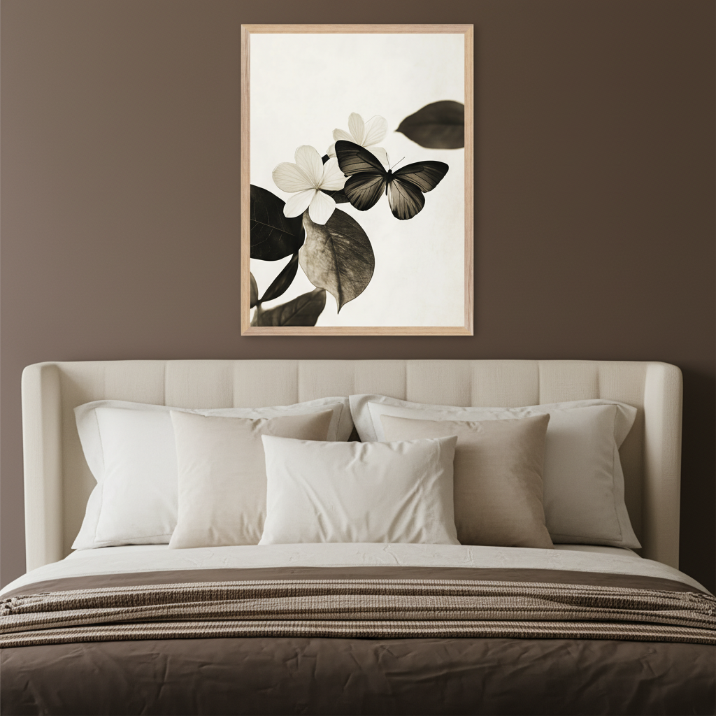 Modern bedroom with an upholstered bed. A framed sepia-toned print of a butterfly on a branch with two flowers and leaves hangs centered above the bed.