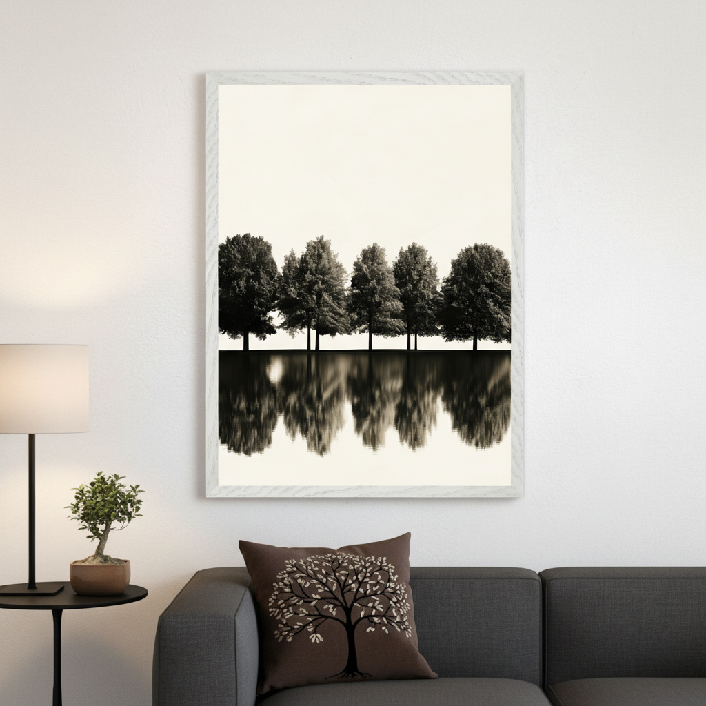Modern living room with a dark gray sofa. A large framed sepia photograph of a row of trees with reflections in water hangs centered above the sofa, to the right of a black side table with a lamp and bonsai tree.