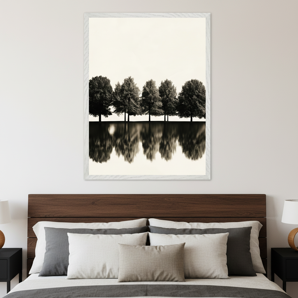 Modern bedroom with a dark wooden bed, headboard, and two nightstands. A large framed sepia-toned photograph of a row of trees reflected in still water under a light sky hangs centered above the bed.