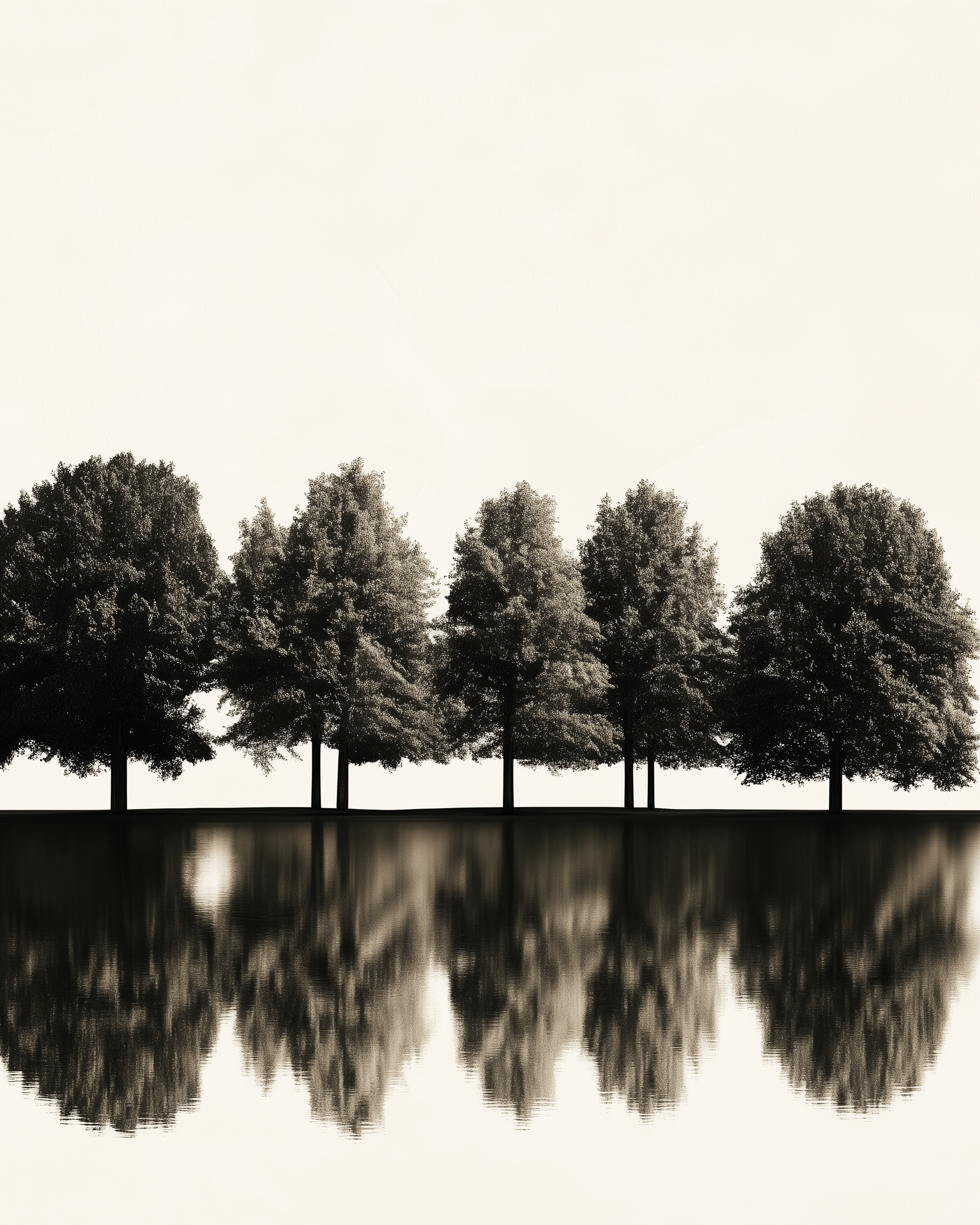 A serene row of tall trees stands by calm water, their full canopies mirrored perfectly in the glassy surface below.
