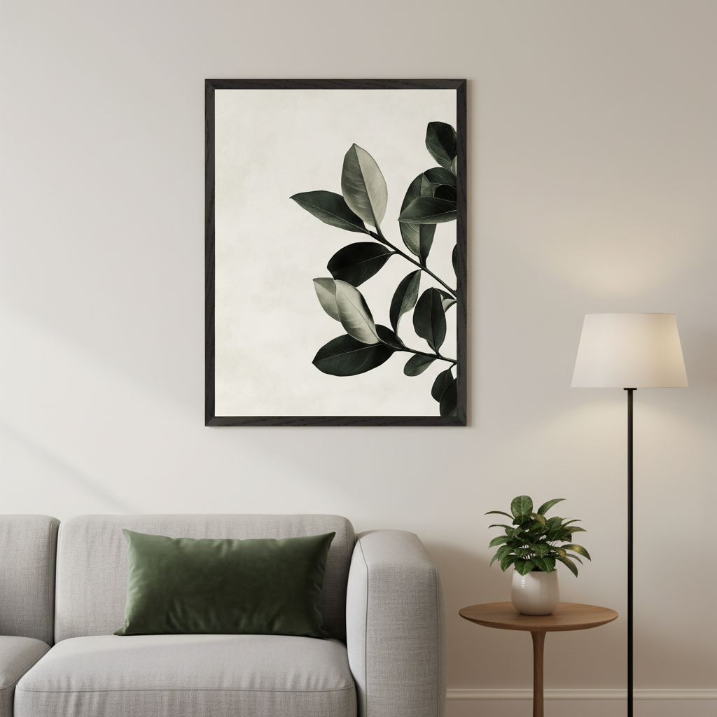 Modern living room with a light gray sofa and a dark green pillow. A black framed print of dark green plant leaves on a light background hangs above the sofa. A floor lamp and a small wooden side table are to the right.