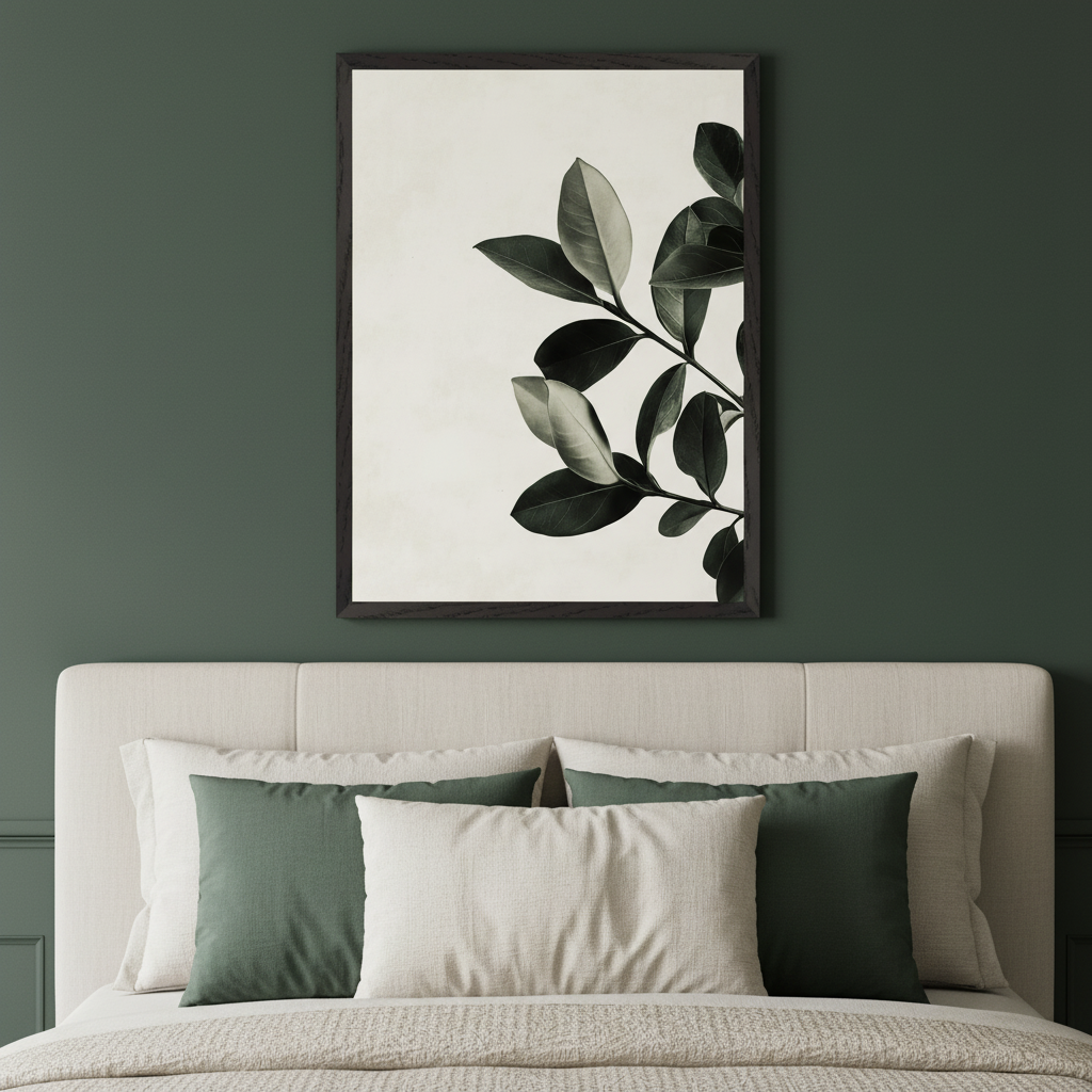Modern bedroom with a dark green wall and a beige upholstered bed. A framed print of dark green plant leaves on a light background hangs centered above the bed. The bed has green and beige pillows.