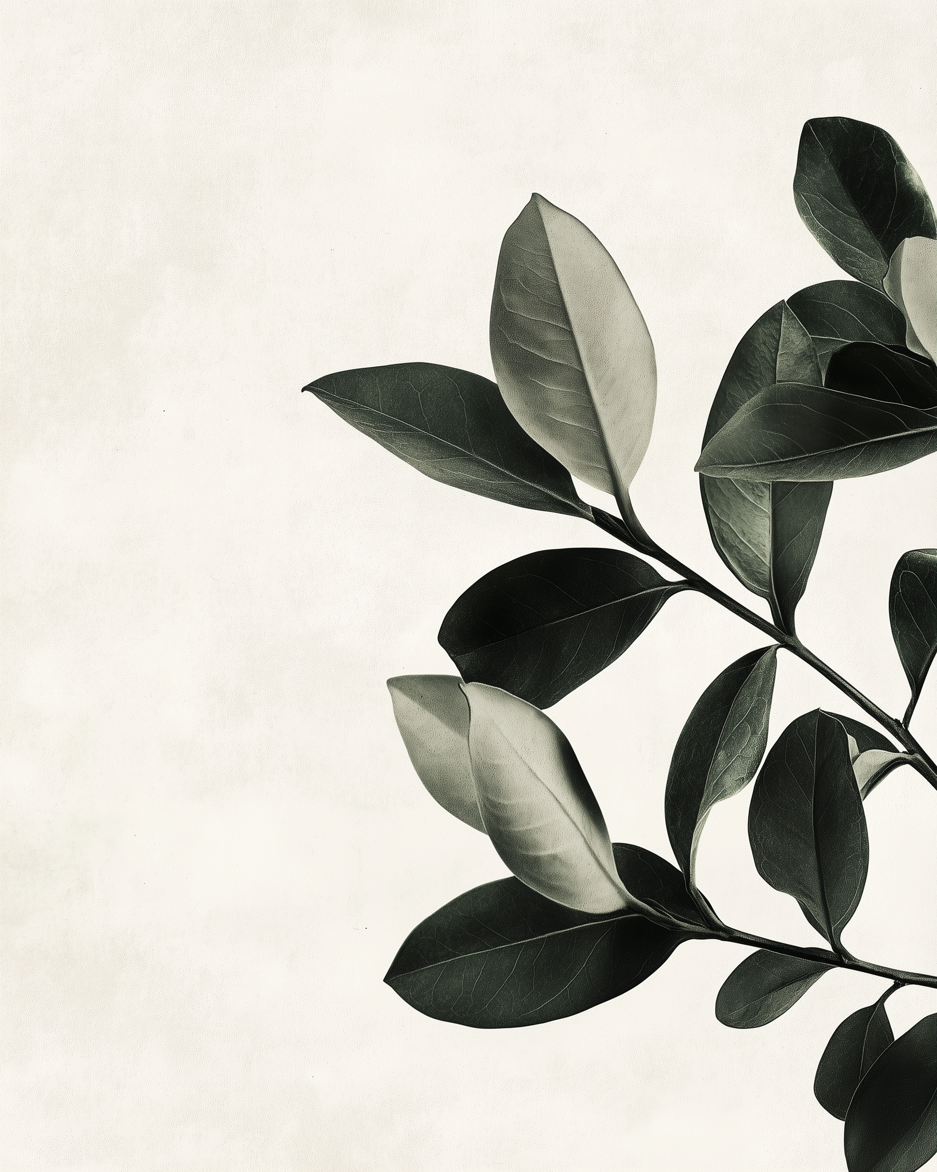 An elegant branch with smooth, oval-shaped dark green leaves stretches diagonally against a softly textured light background.
