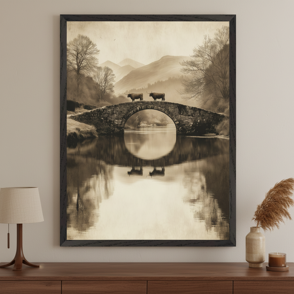 Modern room with a wooden dresser. A large, framed, sepia-toned landscape wall art hangs centered above the dresser. It depicts two cows on a stone bridge over a calm river, with reflections, misty mountains, and trees.