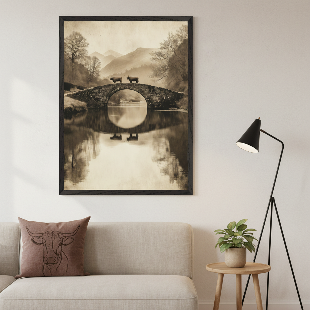 Living room with a beige sofa, a light wooden side table with a plant, and a black floor lamp. Above the left side of the sofa hangs a large framed, sepia-toned landscape print depicting two cows on a stone bridge over a reflective river, with trees and mountains in the background.