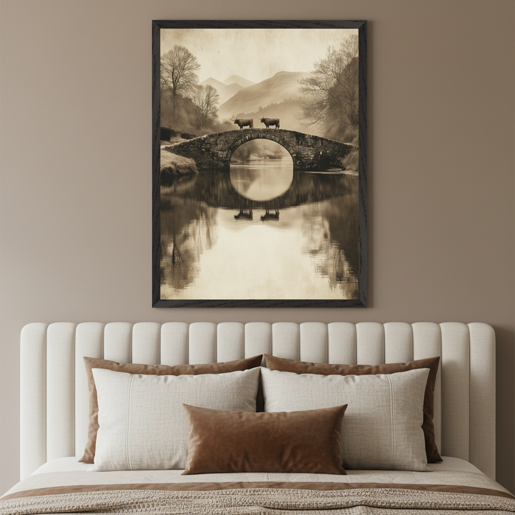 Modern bedroom with a white upholstered headboard and cream/brown pillows. A large framed sepia-toned landscape print hangs above the bed, depicting a stone bridge with two cows, mountains, and a reflection in the water.