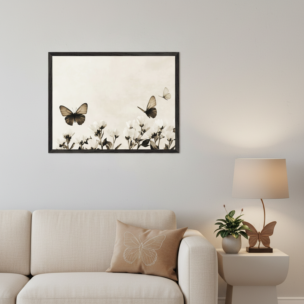 Modern living room with a light beige sofa. A large framed sepia-toned print of white flowers and three dark butterflies in flight hangs above the sofa.