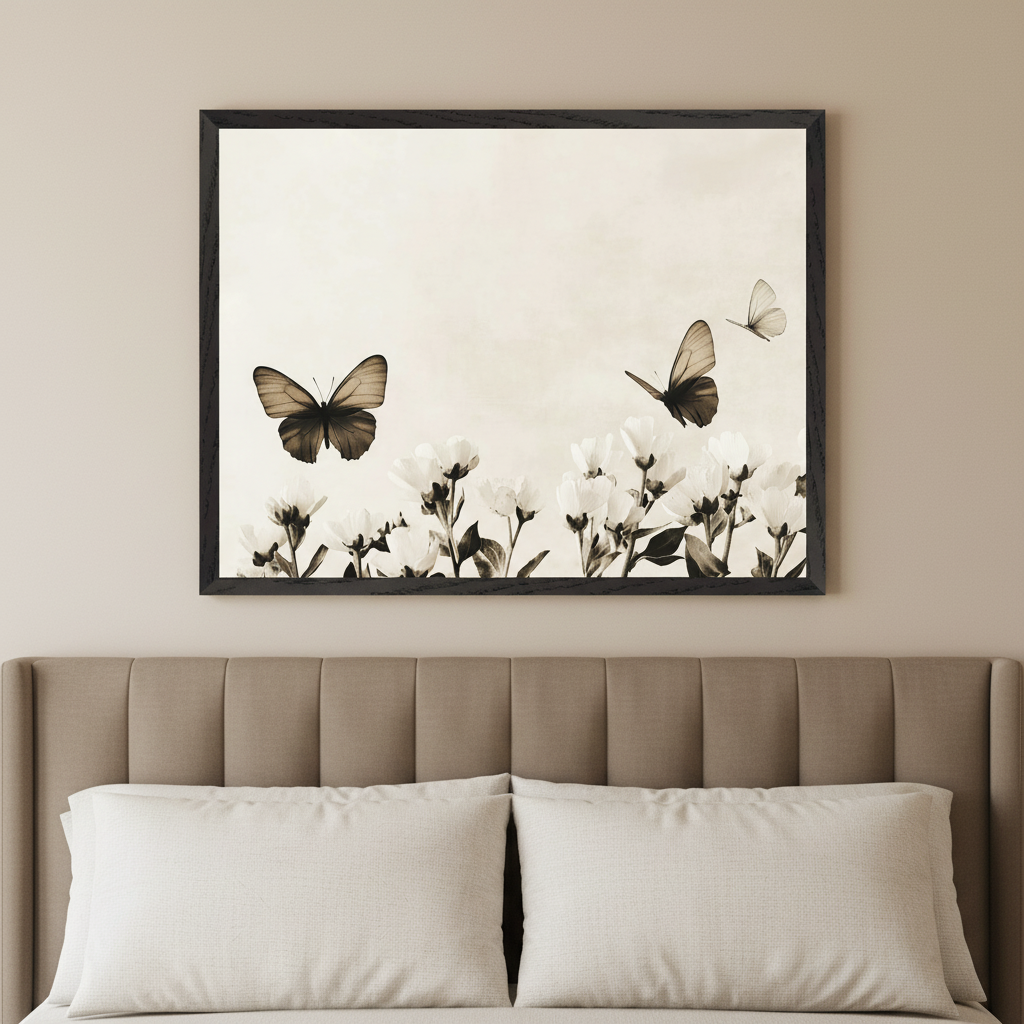 Modern bedroom with a light brown upholstered headboard and two white pillows. A framed, sepia-toned print of butterflies flying above white flowers hangs centered above the headboard.