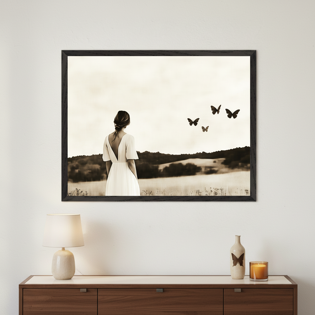 Modern room with a wooden dresser. A large framed sepia-toned print hangs centered above it, depicting a woman in a white dress from behind, looking at four butterflies flying above a field with rolling hills.