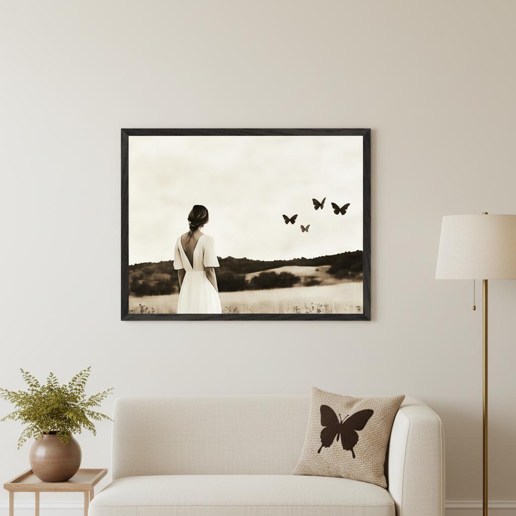 Living room with a cream sofa, side table with a plant, and a floor lamp. A large framed sepia print of a woman in an open-back white dress looking at a field with rolling hills and four butterflies hangs centered above the sofa. A butterfly cushion is on the sofa.