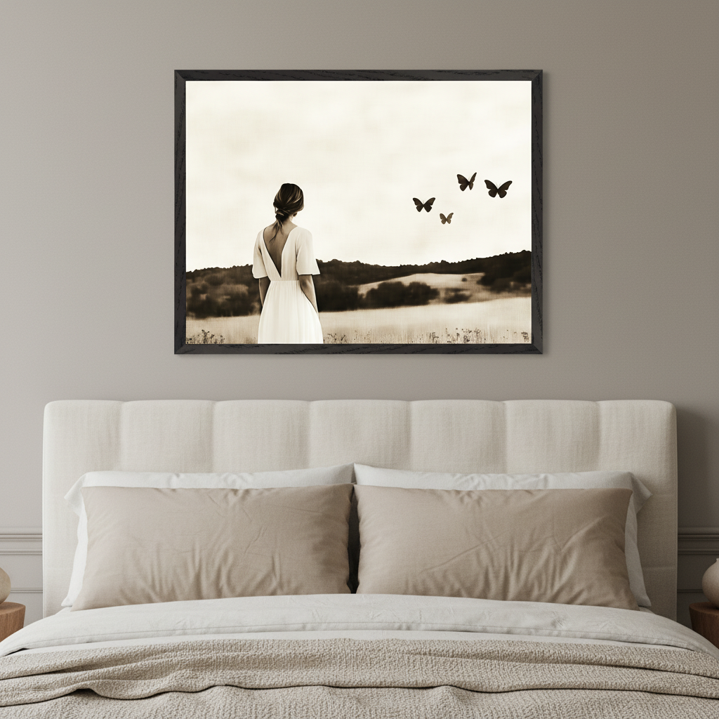 Modern bedroom with a cream-colored upholstered bed. A large sepia-toned framed print hangs above the bed, depicting a woman in a dress looking at flying butterflies in a field.