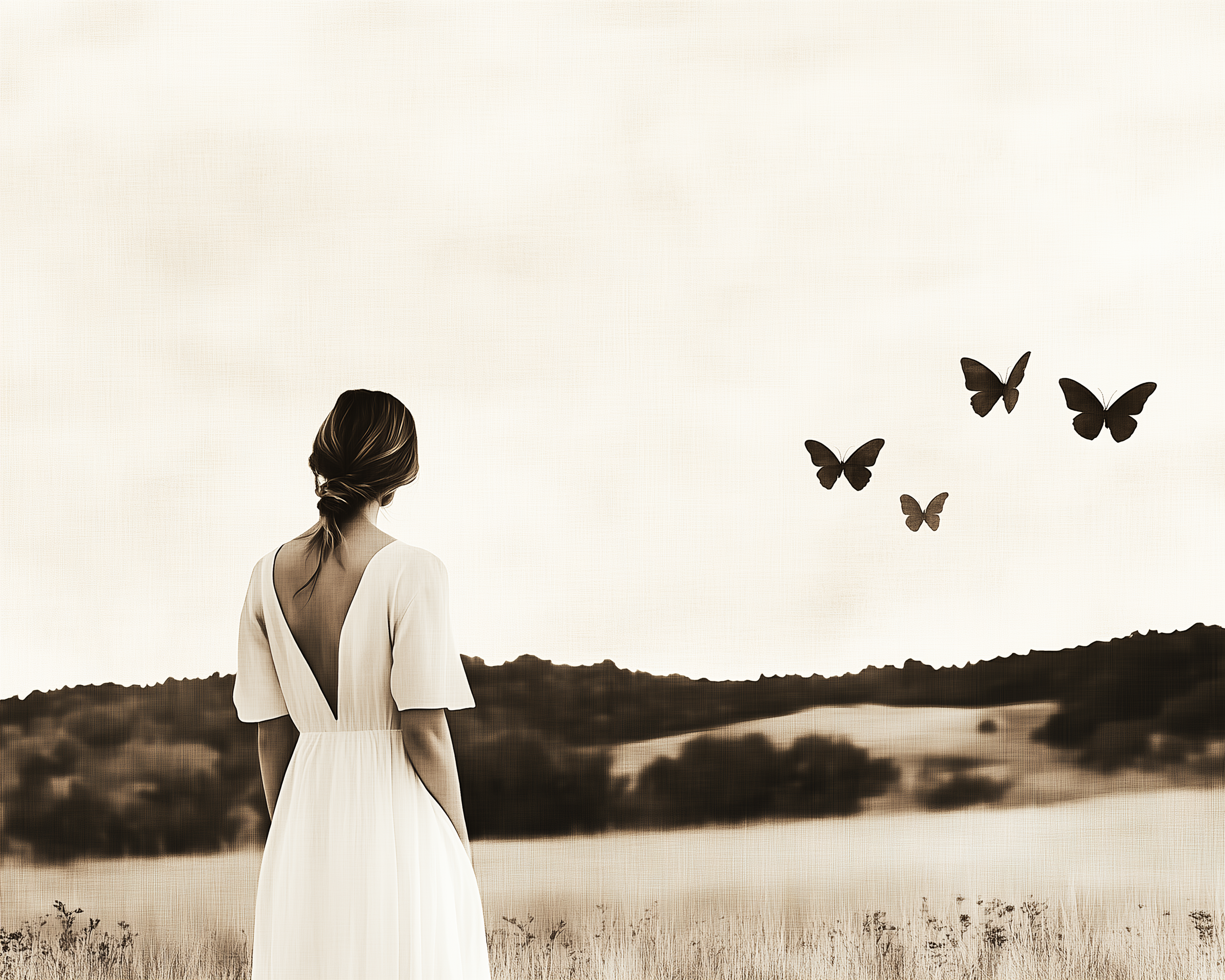 A woman in a flowing white dress stands in a field, watching five butterflies rise into the open sky ahead.
