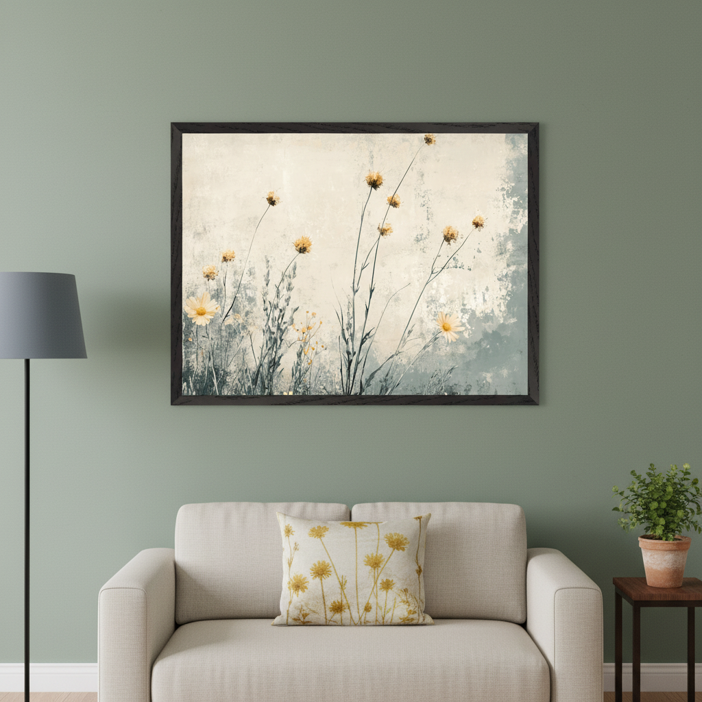 Living room with a sage green wall. A large framed print of yellow wildflowers and tall grasses on a distressed light background hangs above a beige sofa. A floor lamp is on the left, and a potted plant on a side table is on the right.