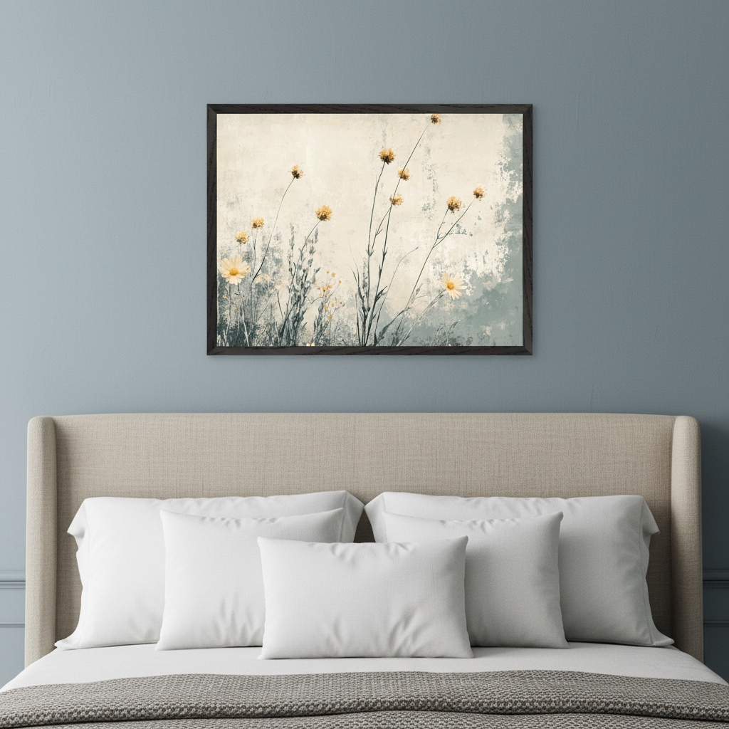 Modern bedroom with a beige upholstered bed. A dark-framed art print depicting sparse yellow wildflowers on a distressed light background hangs centered above the bed's headboard.