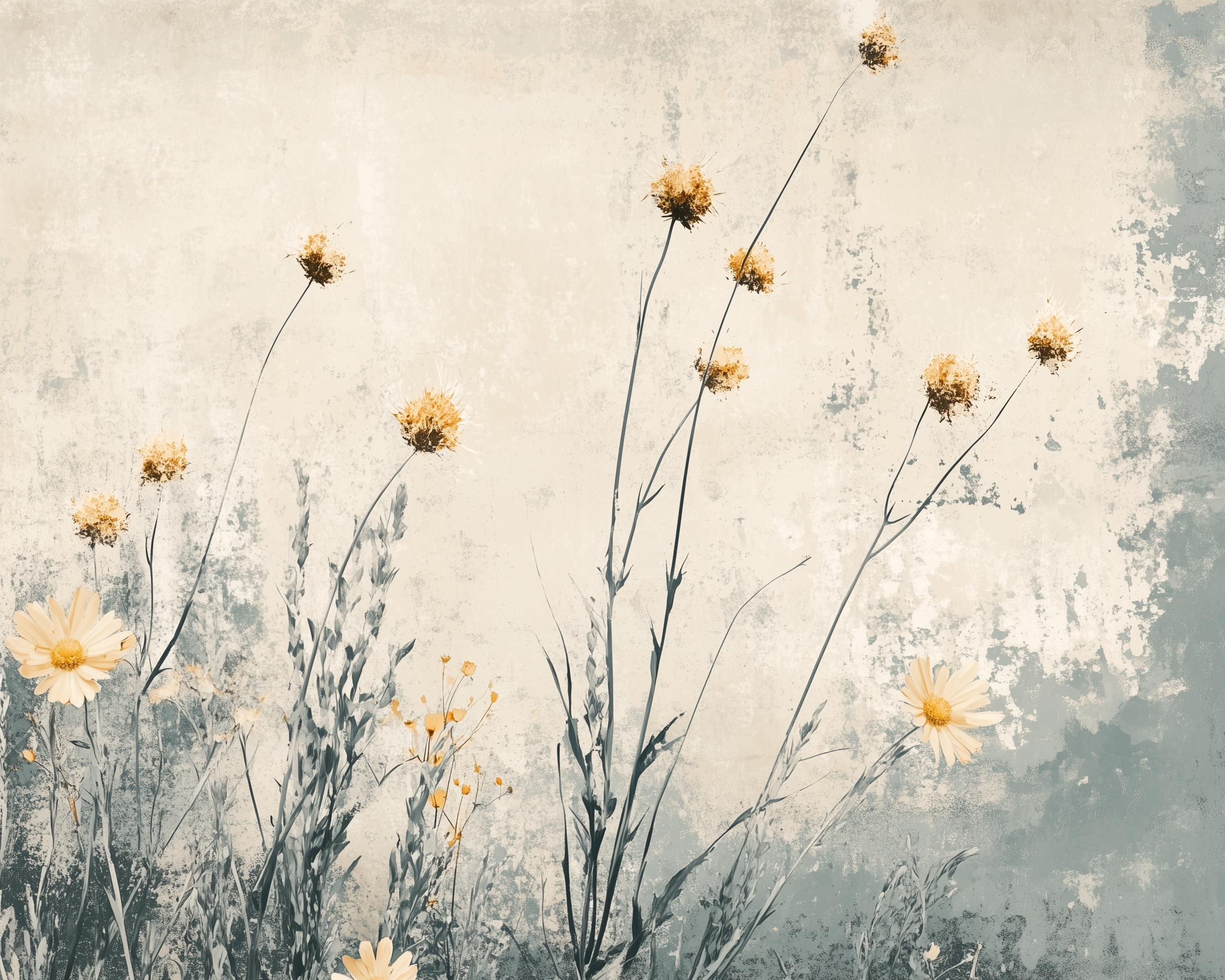 Tall wildflowers, including daisies and golden blooms, sway against a softly distressed wall in muted tones.
