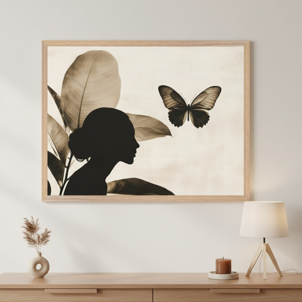 Modern living room with a light wood console table. A large, framed, sepia-toned print hangs centered above the table, depicting a woman's silhouette among large leaves, looking towards a flying butterfly.