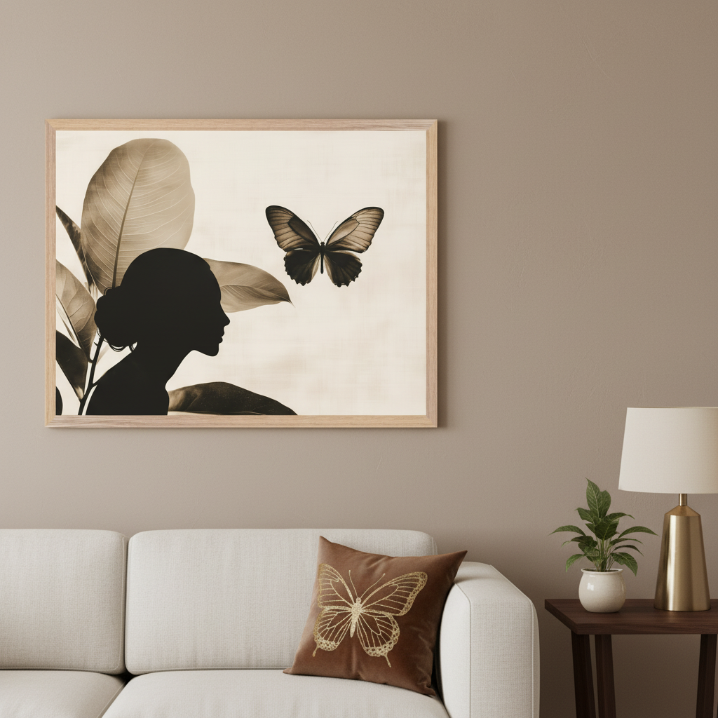 Living room with a white sofa. A large framed sepia-toned print hangs above the sofa, featuring the silhouette of a woman's profile surrounded by leaves, with a butterfly flying in front.