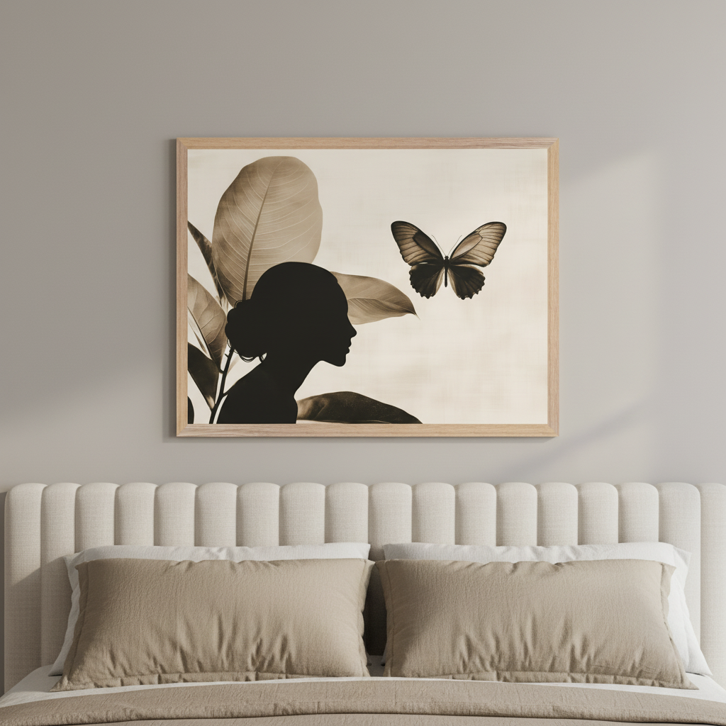 Modern bedroom with a cream padded headboard and beige pillows. A large framed sepia-toned artwork hangs above the bed, featuring a black silhouette of a woman's profile with large leaves and a butterfly.