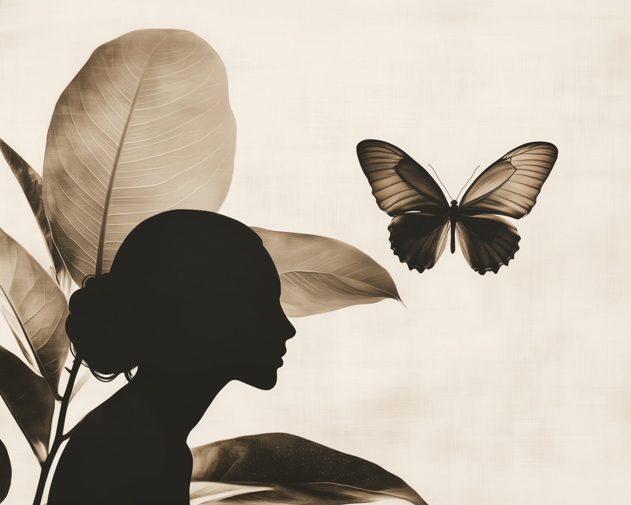 A woman’s silhouette, framed by large tropical leaves, gazes at a butterfly with patterned wings hovering nearby.
