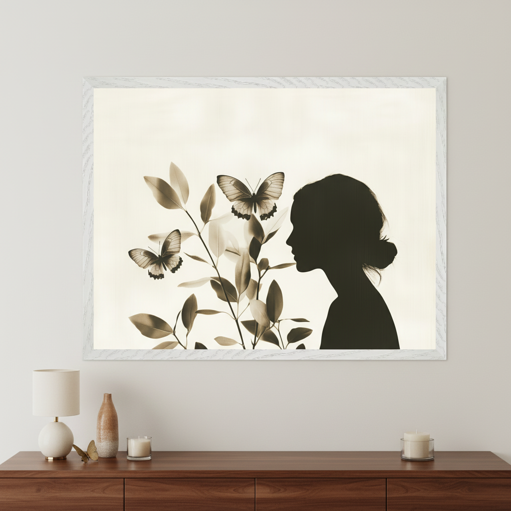 Modern living room with a dark wood dresser. A large white-framed art print hangs above the dresser, depicting a sepia-toned silhouette of a woman's profile facing a plant with two butterflies.