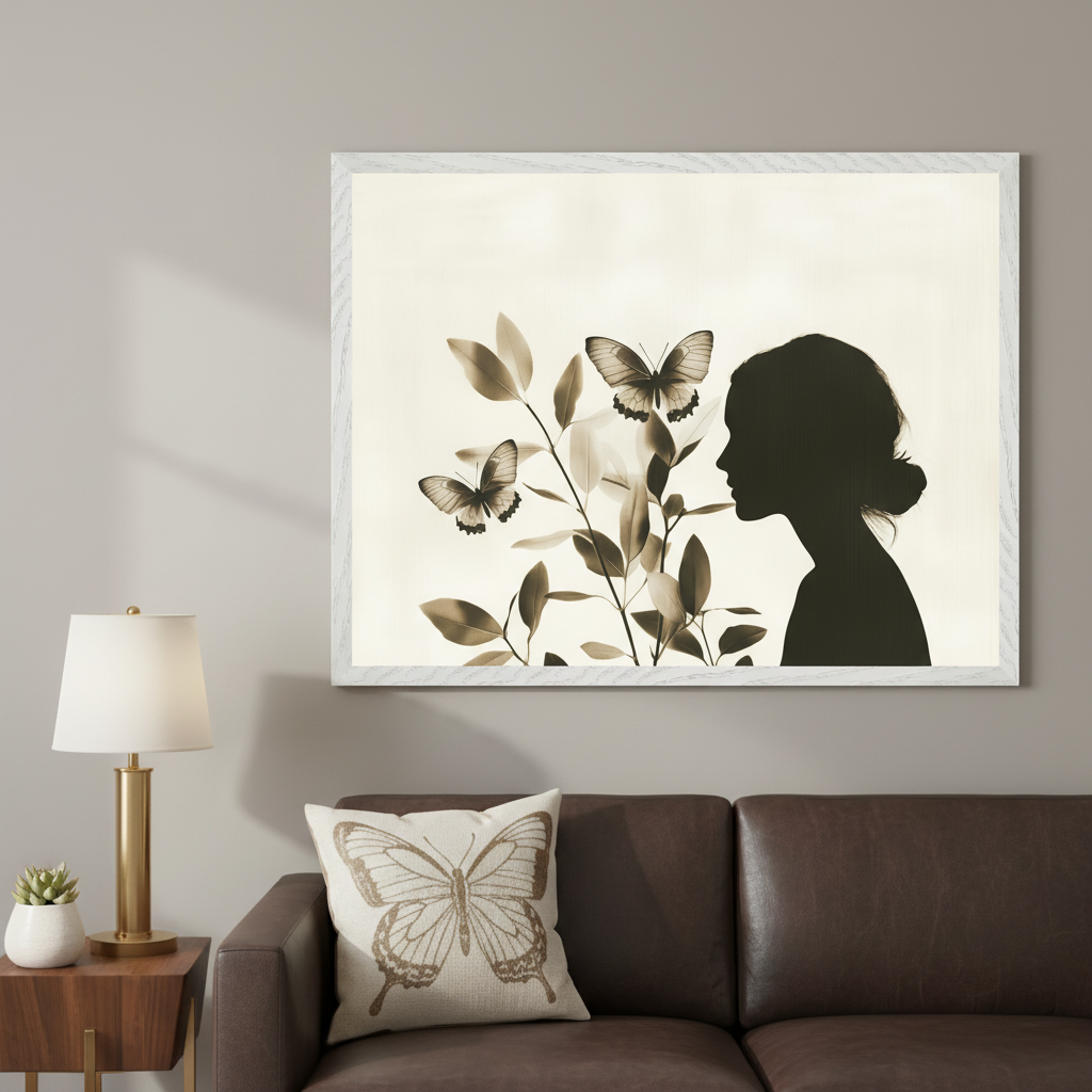 Living room with a brown leather sofa and a wooden side table with a gold lamp. A large white-framed sepia-toned print hangs centered above the sofa, depicting a silhouette of a woman's profile facing a leafy branch with two butterflies.