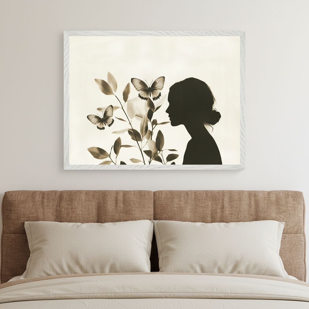 Bedroom with a brown upholstered headboard and beige bed. A white-framed, sepia-toned artwork hangs above the bed, depicting a woman's profile silhouette looking left at a plant with two butterflies.