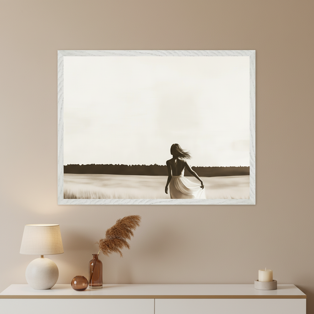 Modern room with a white console table. Above it hangs a large framed sepia-toned artwork in a white wood grain frame, depicting a woman in a flowing dress, seen from behind, looking over water with distant trees, her hair blowing.