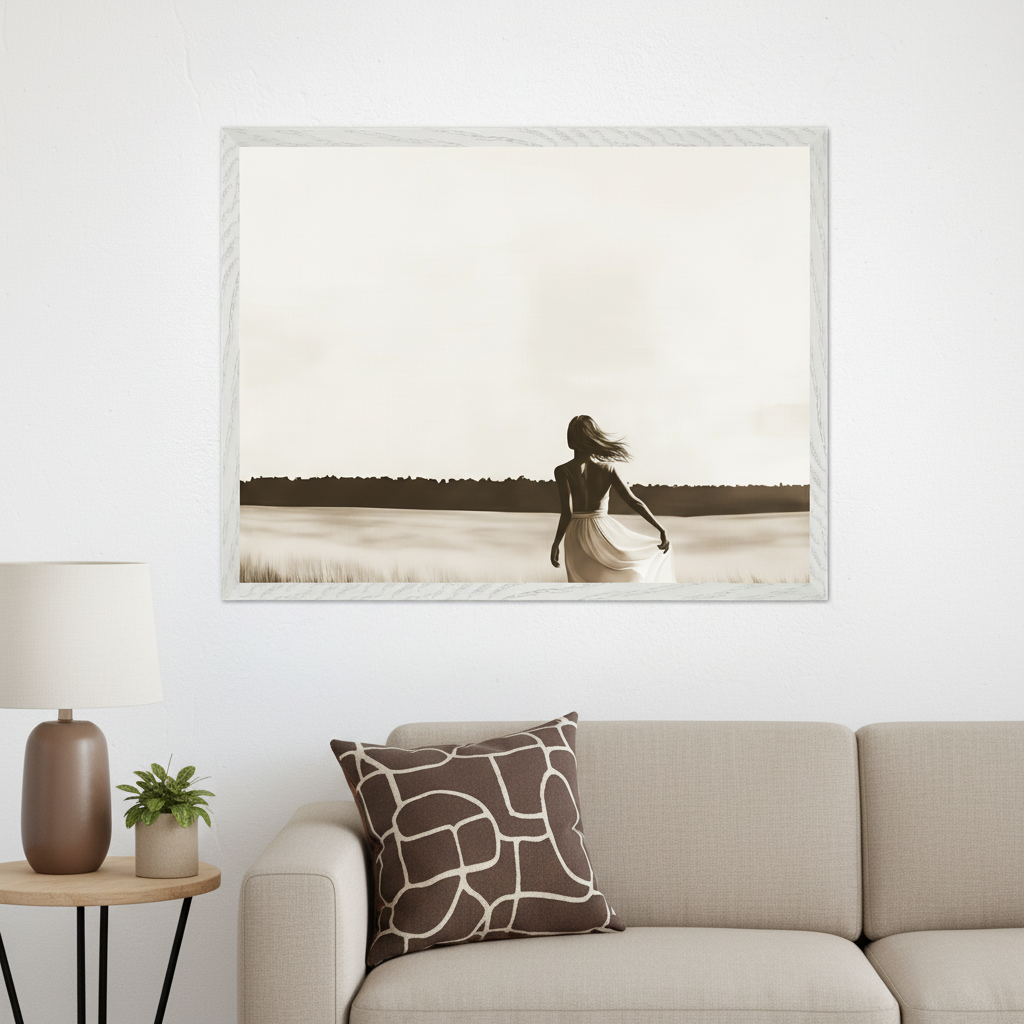 Modern living room with a white wall, a light beige sofa, and a side table with a lamp. A large framed sepia-toned photo in a white frame, depicting a woman from behind in a dress looking at a lake with a distant treeline, hangs above the sofa.