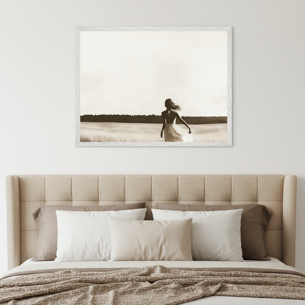 Modern bedroom with a beige upholstered bed. A large framed sepia photograph of a woman in a long dress walking by water with a distant tree line hangs centered above the bed's headboard.