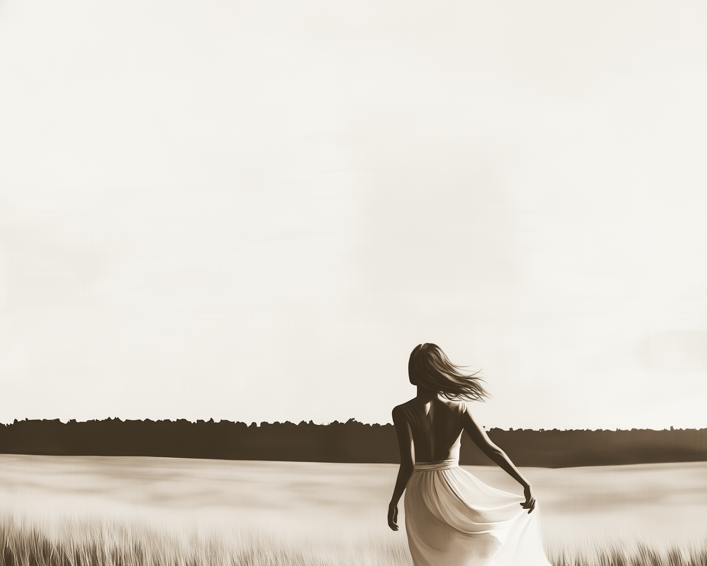 A woman in a flowing white dress walks alone through a wide field, her back to the viewer and hair blowing in the breeze.
