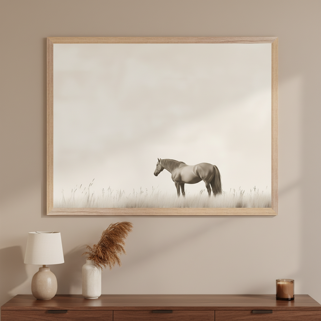Modern living room with a dark wood dresser. A large light wood framed sepia-toned print of a horse standing in tall grass is centered above the dresser. A lamp, vase, and candle are on the dresser.