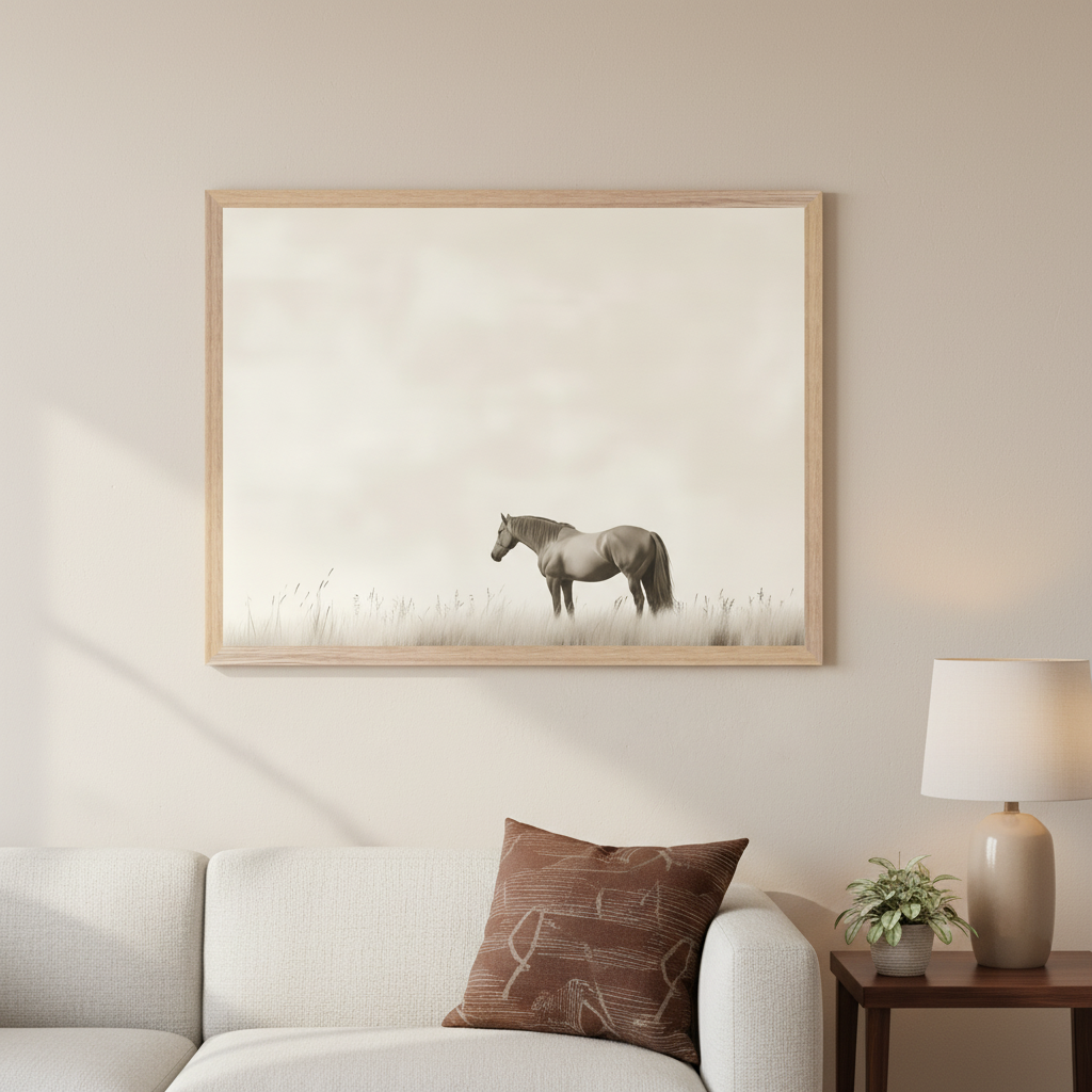 Living room with a white sofa and a dark side table. A large, light wood framed print of a sepia-toned horse in a grassy field under an overcast sky hangs centered above the sofa.