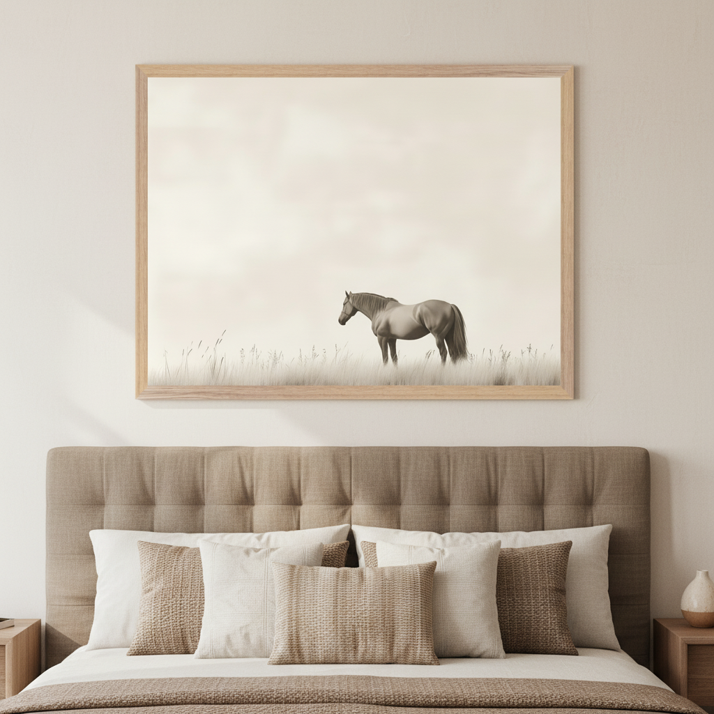 Modern bedroom with a large bed and padded headboard. A large, light wood-framed print of a horse standing in a field of tall grass under a light sky, in a minimalist sepia tone, hangs centered above the headboard.