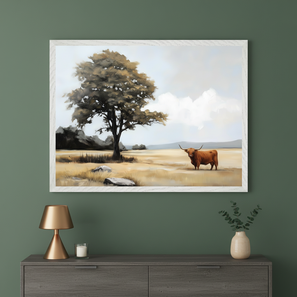 Quiet Horizon - Highland Cow Framed Wall Art for Living Room, Bedroom or Office