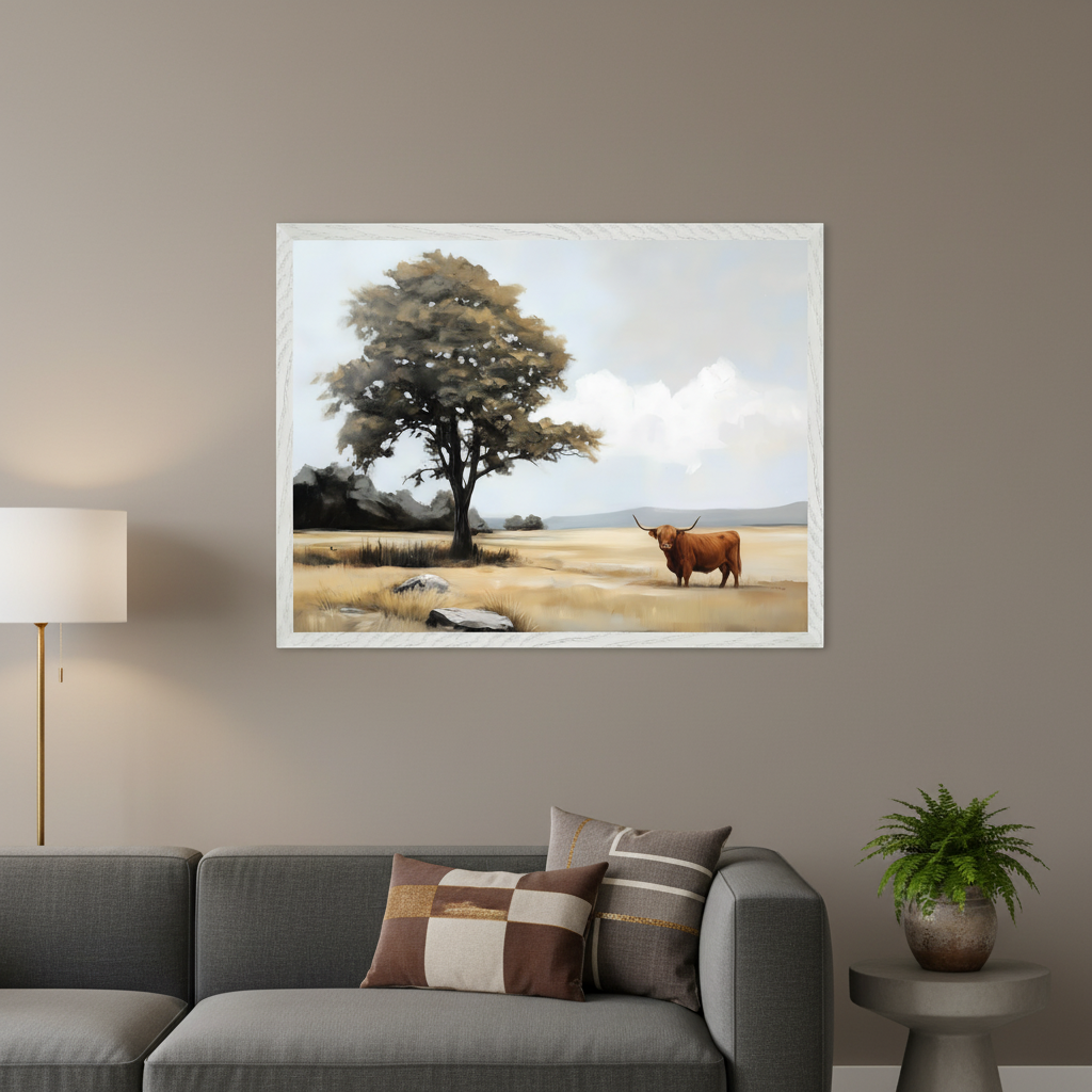 Living room with a grey sofa. A large framed painting with a distressed white frame of a landscape with a tree and a brown Highland cow in a sunny field under a cloudy sky hangs above the sofa. A gold floor lamp is on the left, and a potted plant is on an end table to the right.
