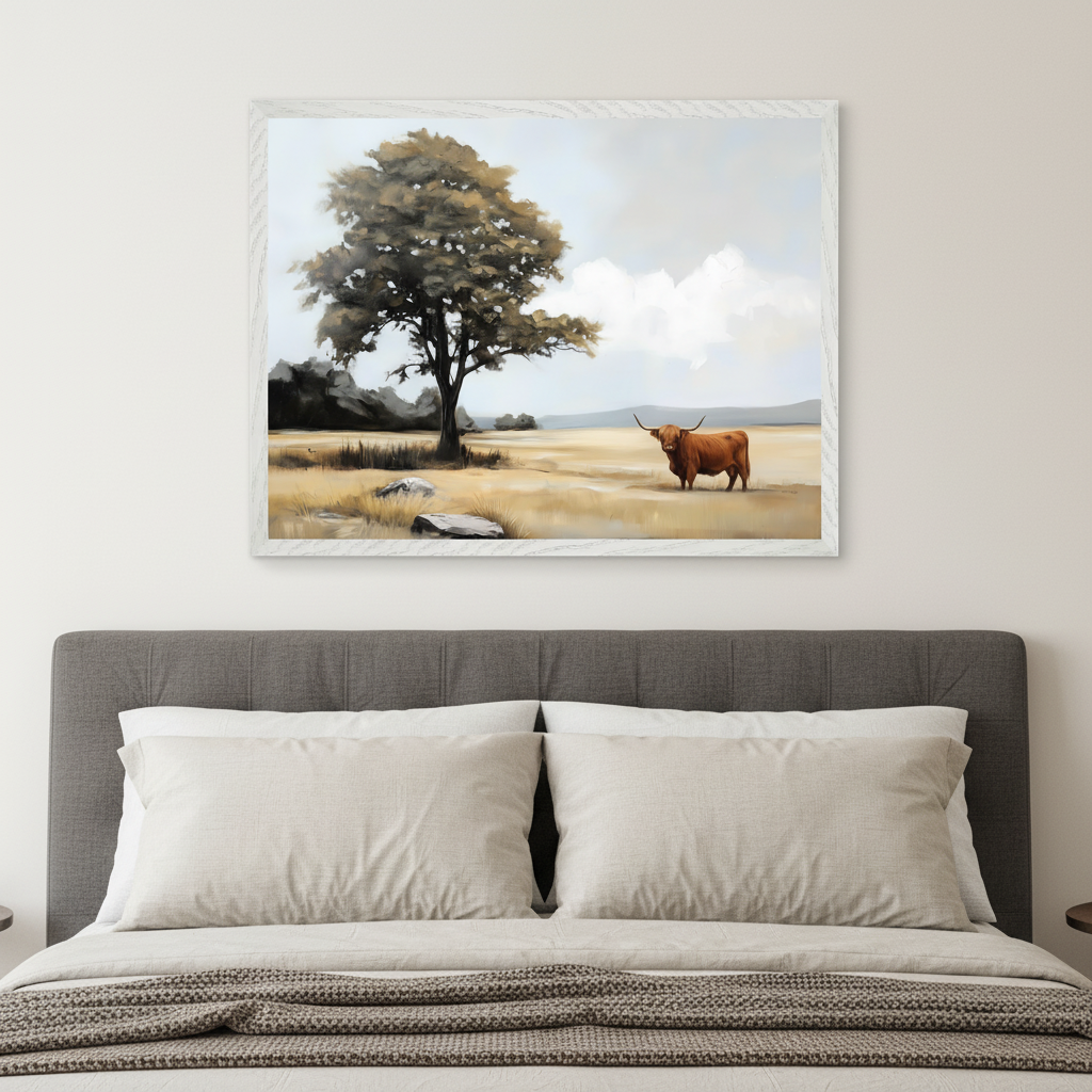 Modern bedroom with a dark gray upholstered bed. A large framed painting of a landscape with a tree and a brown Highland cow hangs centered above the bed.