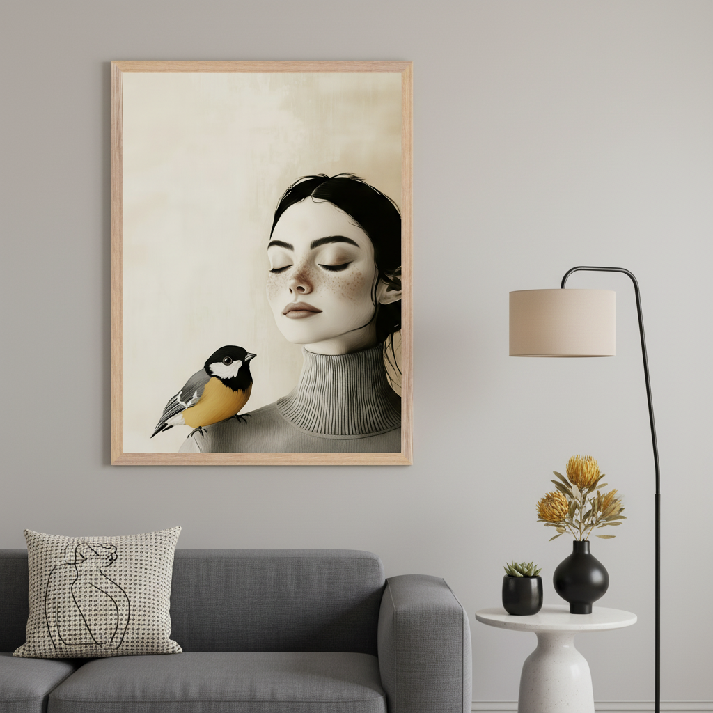 Modern living room with a gray sofa and patterned pillow. A large framed minimalist illustration of a woman with closed eyes and a bird on her shoulder hangs above the sofa. A floor lamp and white side table are to the right.